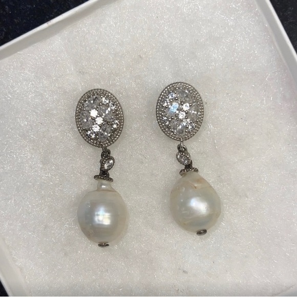 Judith Ripka Sterling Silver Real Pearl Drop Earrings 925 CZ - Picture 4 of 4